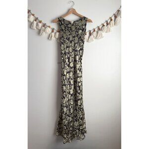 Vintage Tessuto Y2k Silk Velvet Floral Green Maxi Dress Whimsical Fairy Grunge S